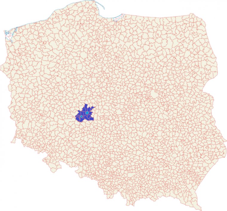 Aglomeracja według WBPP w Poznaniu na mapie administracyjnej Polski
