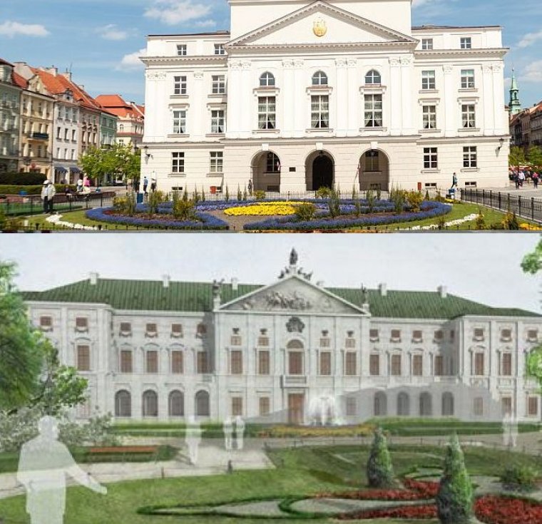 Niektórzy historycy sztuki dopatrują się w kaliskim ratuszu nawiązania czy echa architektury Pałacu Krasińskich w Warszawie. Pałacu z wielkim reprezentacyjnym klombem. 